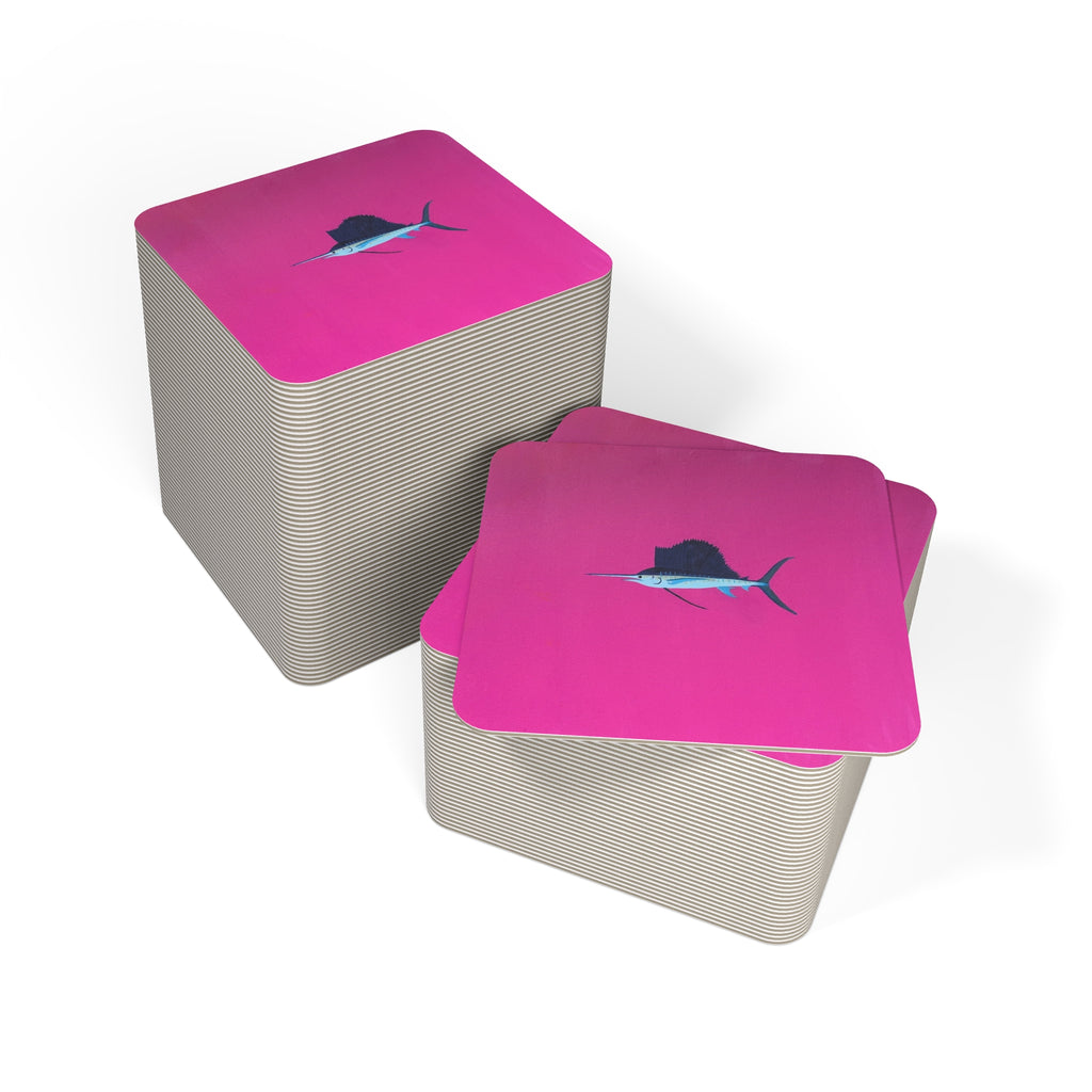 Marlin Beach Coasters (Set of 50/100) — Bright Pink Sailfish Drink Coasters